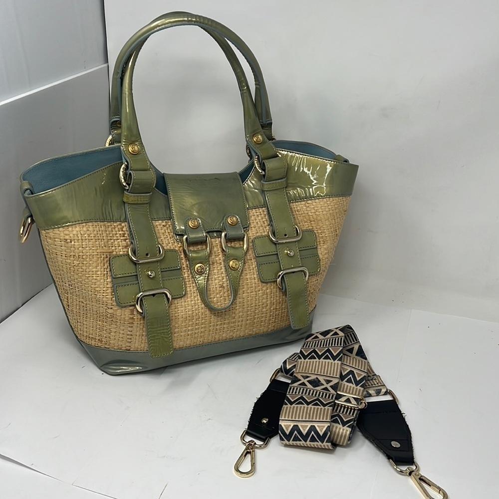 Stuart Weitzman Patent Leather and Raffia Woven Satchel w/ crossbody strap